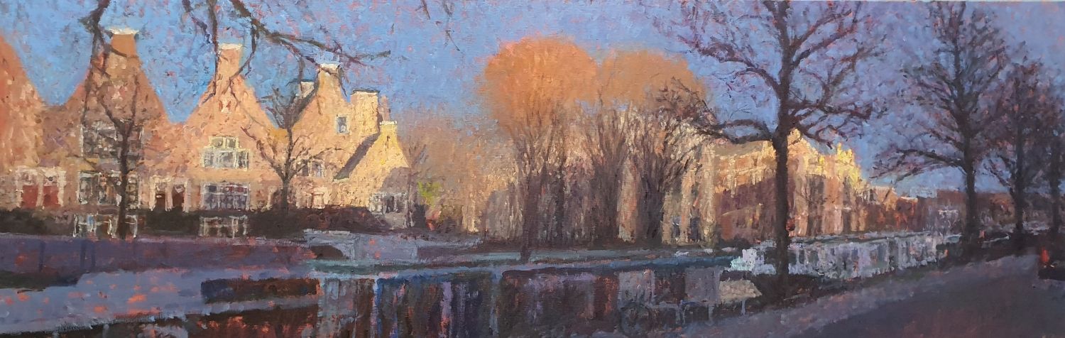 Stadschouwburg in laat licht. 50 x 150 cm olieverf op doek