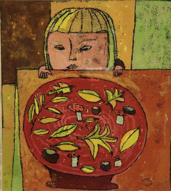 Anna met herfsttafel, gouache - monoprint, 20 x 20 cm, 1999