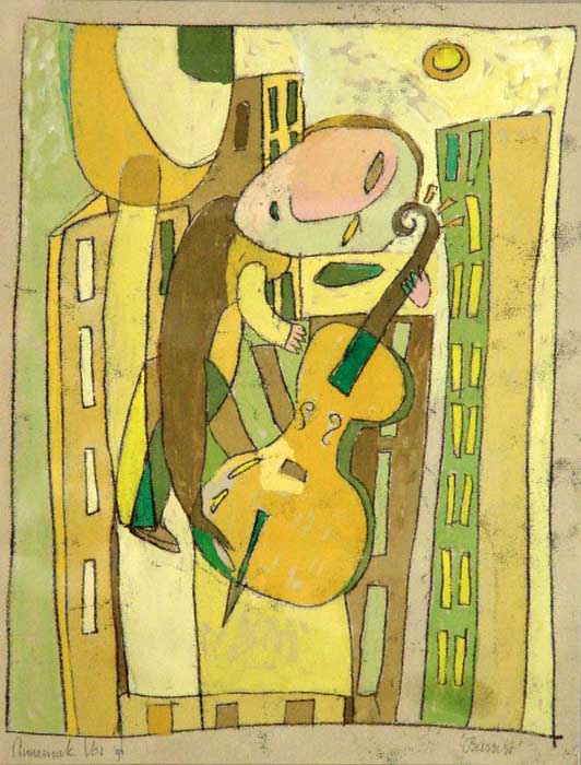 Bassist, gouache - monoprint, 20 x 30 cm, 1996