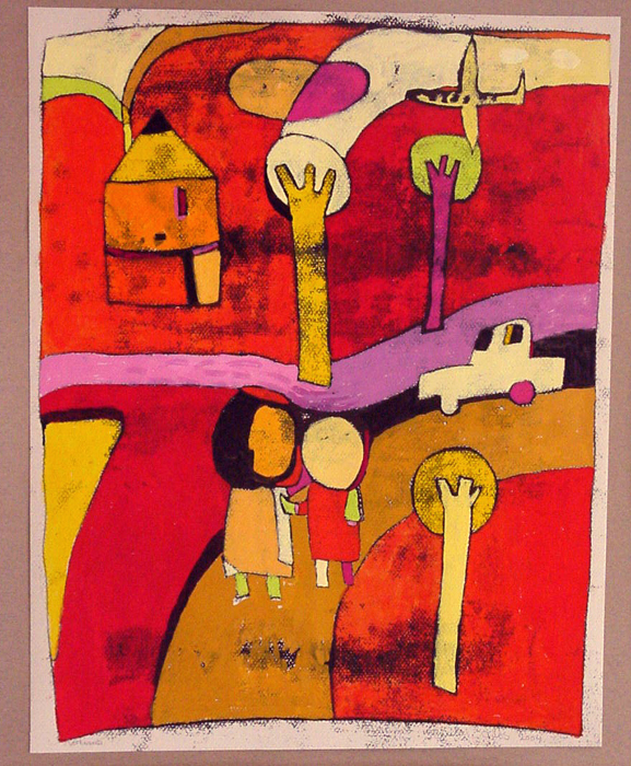 Broer en zus, gouache - monoprint, 30 x 20 cm, 2007