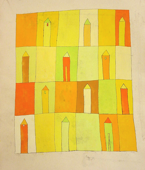 Dambord huizen, gouache - monoprint, 35 x 42 cm, 2004