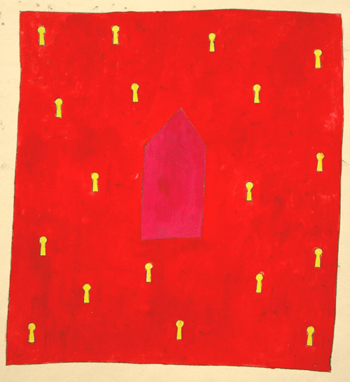 Huis op rood met sleutelgaten, gouache - monoprint, 30 x 30 cm, 2003