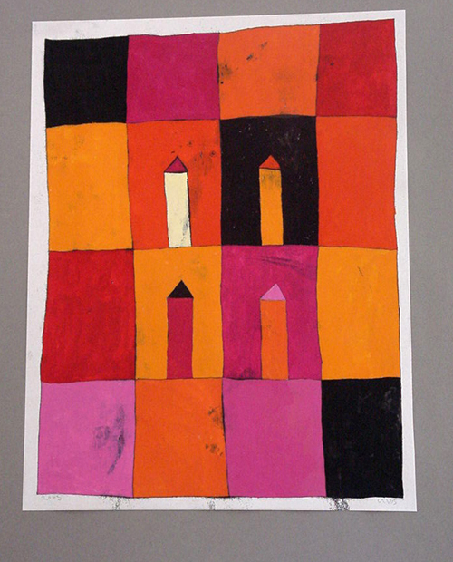 Huizen donkerrood, gouache - monoprint, 35 x 42 cm, 2003