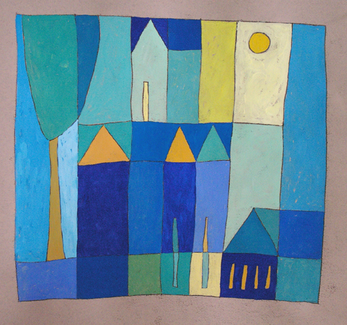 Huizen in blauw met boom, gouache - monoprint, 30 x 20 cm, 2005
