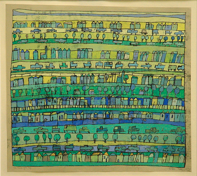 Huizen, wegen en auto's, gouache - monoprint, 35 x 25 cm, 2003