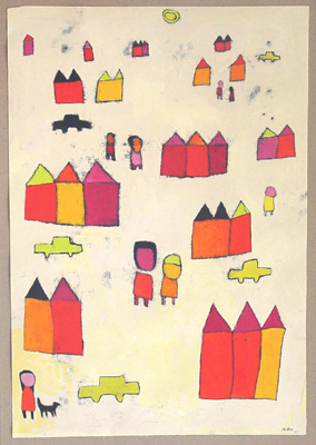 Rode huizen in wit, gouache - monoprint, 80 x 60 cm, 2004