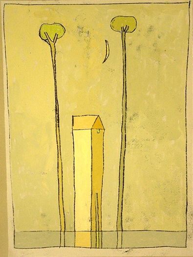 Tussen twee bomen, gouache - monoprint, 28 x 40 cm, 2005