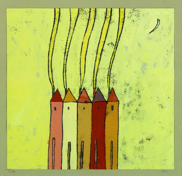 Rokende Huisjes, gouache - monoprint, 15 x 15 cm, 2002