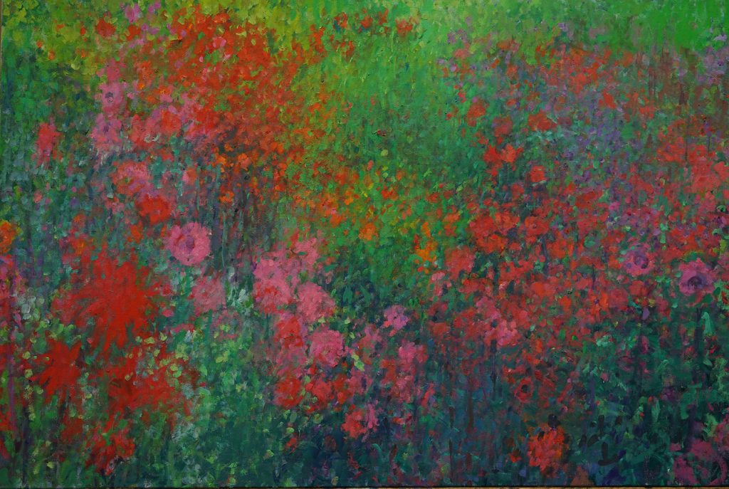Veld met Rode Dahlia's, 80 x 120 cm, 2019